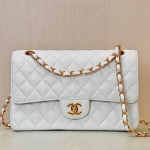 Chanel Classic White Quilted Shoulder Bag with Gold Chain